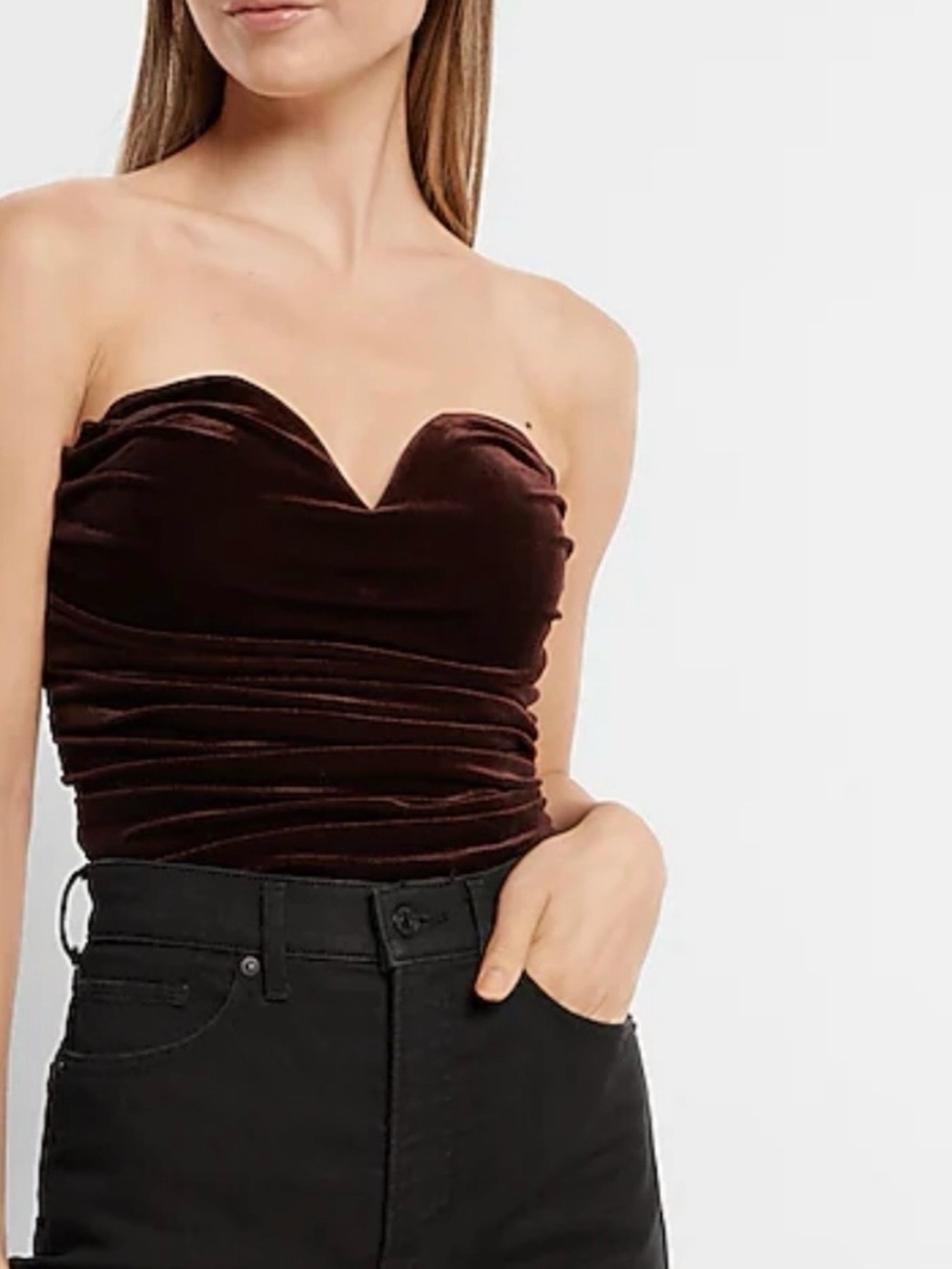 Express Velvet Sweetheart Strapless Corset Top - Brown
